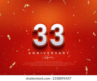 33rd Anniversary. with white 3d numbers on fancy red background. Premium vector background for greeting and celebration.