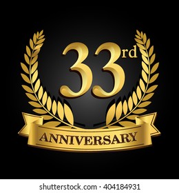 33rd golden anniversary logo with ring and ribbon, laurel wreath vector design isolated on black background
