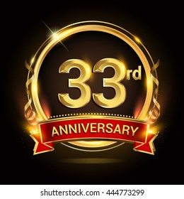 33rd golden anniversary logo with ring and red ribbon, vector design.