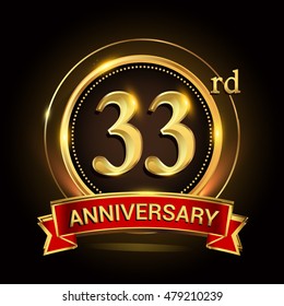 33rd golden anniversary logo with ring and ribbon. Vector design template elements for your birthday celebration.