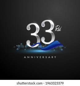 33rd silver anniversary logo with blue ribbon isolated on elegant background, sparkle, vector design for greeting card and invitation card.