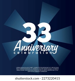 33rd year anniversary celebration vector template design illustration with white text elegant blue shiny background.	