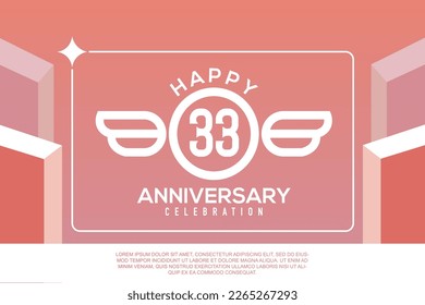 33rd year anniversary design letter with wing sign concept template design on pink background abstract illustration