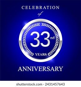 33rd years anniversary celebration emblem . anniversary logo isolated with silver circle. vector illustration template design for web, poster, flyers.