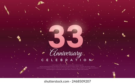 33th Anniversary celebration, 33 Anniversary celebration, Dark purple background, festive illustration,Realistic 3d sign, stars, Pink number with red ribbon 33 sparkling confetti, 33,34
