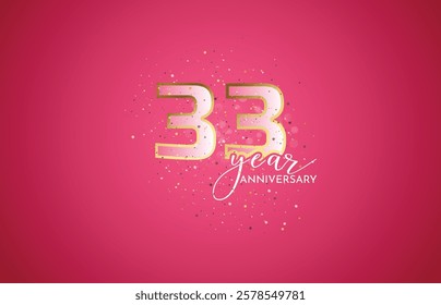 33th Anniversary celebration, 33 Anniversary celebration, Realistic 3d sign, stars, pink background, festive illustration, golden, Pink number 33 sparkling confetti, 34