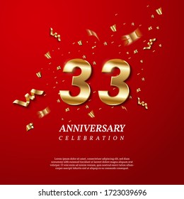 33th Anniversary celebration. Golden number 33 with sparkling confetti, stars, glitters and streamer ribbons on red background. Vector festive illustration. Birthday or wedding party event decoration