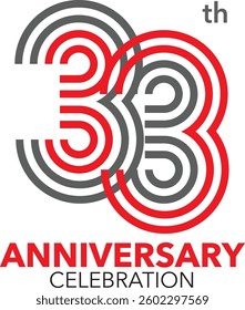 33th Anniversary Celebration red and black striped numbers and the word anniversary celebration at the bottom.