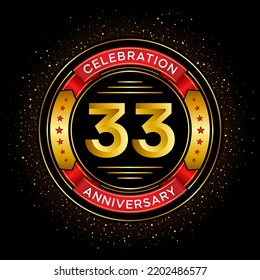 33th anniversary celebration with red ribbon isolated on black background, vector design