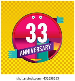 33th anniversary logo with colorful circle badge. Anniversary signs illustration. Vibrant colors anniversary logo with geometric shape and circle ring