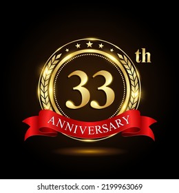 33th golden anniversary logo, with shiny ring and red ribbon, Laurel wrath isolated on black background, vector design