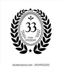 33th Years Anniversary celebration. Vector Template festive illustration black color with white background. Birthday or wedding party event decoration.