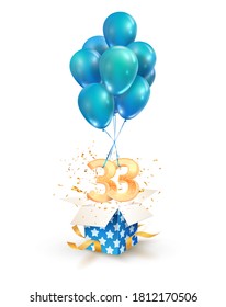 33 años de celebraciones. Saludos de 30 elementos de diseño vectorial aislado de tres años. Abrir una caja de regalo con textura con números y volar en globos