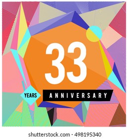 33th years greeting card anniversary with colorful number and frame. logo and icon with Memphis style cover and design template