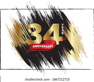 34 Anniversary celebration, Luxury anniversary template over gold and black brush, Golden number with red ribbon isolation background, Party event decoration, Vector.
