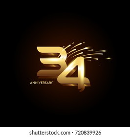 34 Anniversary with fireworks and shiny gold on dark background.Greeting card, banner, poster