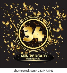 34 anniversary logo with confetti golden colored isolated on black background, vector design for greeting card and invitation card
