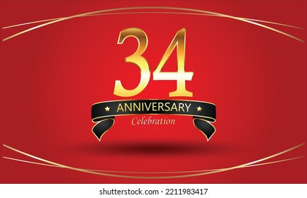 34 Jahrestag mit rotem Hintergrund. 34. Goldener Jubiläumsbanner.  Jubiläumsfeier. Goldenes Jubiläum mit Band
