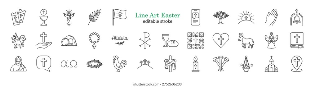 34 black and white easter line art icons with editable stroke. Religious symbols including cross, bible, angel, lamb, chalice, tomb, crown of thorns, and other christian elements in minimalist style.
