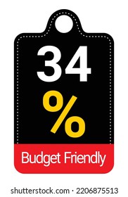 34% Budget Friendly sign tag, label vector art Black Background white and yellow lettering