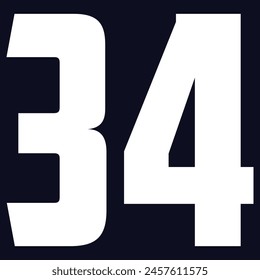 34 Classic Vintage Sport Jersey Uniform numbers in black with a black outside contour line number on white background for American football, Baseball and Basketball or soccer for shirt