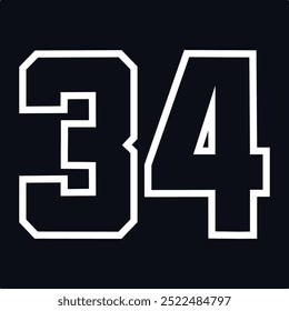 34 Classic Vintage Sport Jersey  Uniform numbers in black with a black outside contour line number on white background for American football, Baseball and Basketball or soccer for shirt