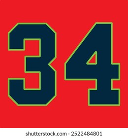 34 Classic Vintage Sport Jersey  Uniform numbers in black with a black outside contour line number on white background for American football, Baseball and Basketball or soccer for shirt