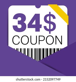 34$ Coupon promotion sale for a website, internet ads, social media gift 34 Dollar off discount voucher. Big sale and super sale coupon discount. Price Tag Mega Coupon discount vector illustration.