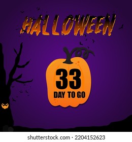 34 day to go halloween day, vector art illustration with fantastic font and nice violet purple color background. with cute pumpkin and eye on tree