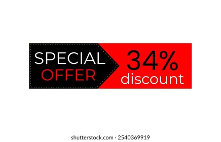 Anuncio del 34% de descuento. Anuncio negro y rojo. Etiqueta de oferta. Promociones de tiendas, ventas de comercio. Diseño de Vector. 34 por ciento de descuento.