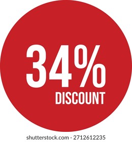 Ícone de desconto de 34% círculo vermelho vetorial com texto branco