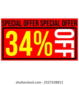 34% discount tag, red and yellow rectangular shape, perfect for commerce, marketing promotions and retail sales