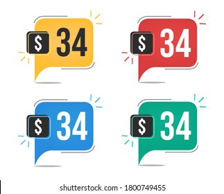 Precio de 34 dólares. Etiquetas de divisas amarillas, rojas, azules y verdes con el concepto de globo de voz vector.