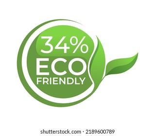 34% Eco friendly circle label sticker Vector illustration with green organic plant leaves. Eco friendly stamp icon. 2d vector illustration. 
