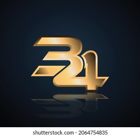 Logotipo 34 Gold 3D Number con fondo oscuro y reflexión realista
