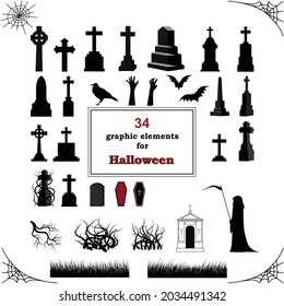 34 Graphic elements set for Happy Halloween, 18 tombstones, bats, zombie hands, coffins, creepy branch, thorn trees, crow, mausoleum,  grass field, spider webs, and Grim-reaper.