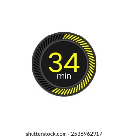 34 min timer icon. Chronometer vector illustration. Black and Yellow. Thirty four minutes.