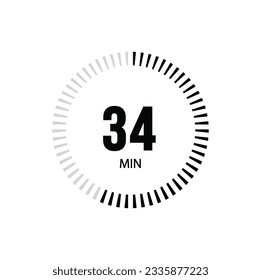 34 Minute timer clock. 34 min stopwatch icon countdown time digital stop chronometer.