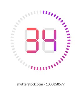 The 34 minutes, stopwatch vector icon, digital timer.Vector digital count down circle board with circle time pie diagram. Watch outline style design, designed for web and app.