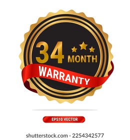 34 month warranty golden seal, stamp, badge, stamp, sign, label with red ribbon isolated on white background.