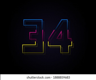 34 number colorful outline stroke font. Trendy, dynamic creative style design. Vivid vector font for logo, brand label, design elements, nightlife, application etc
