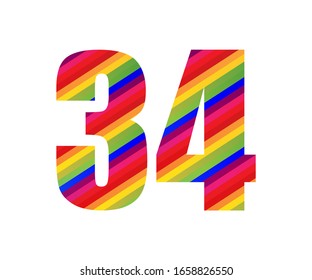 34 Number Rainbow Style Numeral Digit. Colorful Thirty Four Number Vector Illustration Design Isolated on White Background.