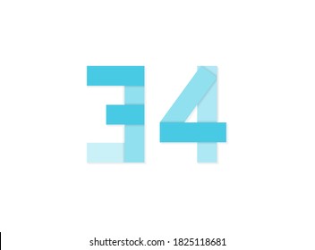 34 Zahlen, Vektorlogo, Schriftart mit gestrichenem Papierschnitt aus blauen Farbtönen .Einzeln auf weißem Hintergrund. EPS10-Illustration