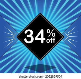 34% off. Blue banner - black balloon for big sales.