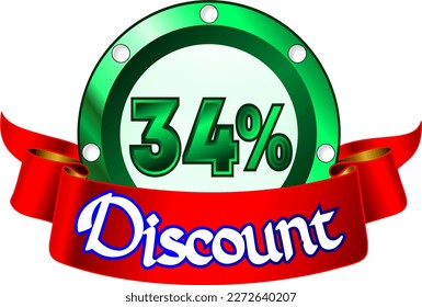 34% de descuento, disco verde y cinta roja, ilustración vectorial para mayorista y minorista, arte ilustrativo, ilustración hermosa, vector. ¡Dios es bueno!