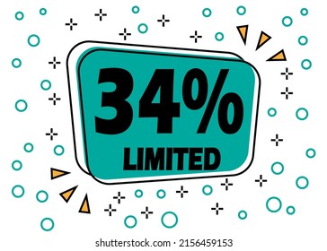 34% off, limited offer. Bubble banner for price reduction on products and stores.
