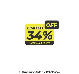 34% off price tag discount product banner label vector art illustration. Isolated on White Background in yellow color