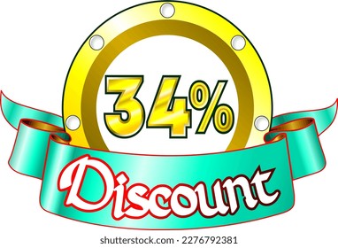 34% off, yellow disk and green ribbon, vector illustration for wholesale and retail, illustrative art, beautiful illustration, vector. God is good!