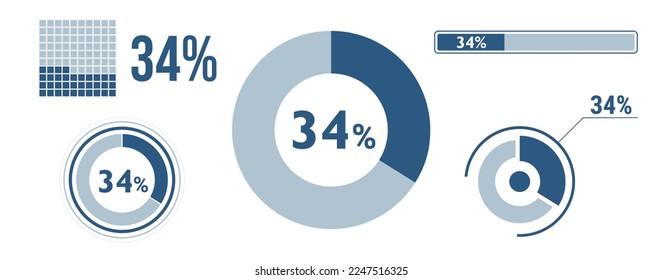 34 percent loading data icon set. Thirty-four circle diagram, pie donut chart, progress bar. 34% percentage infographic. Vector concept collection, blue color.