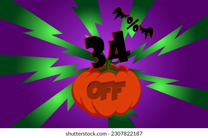 34 percent off. Banner, with pumpkin, green rays and purple background with gradient, bat wings, halloween theme.